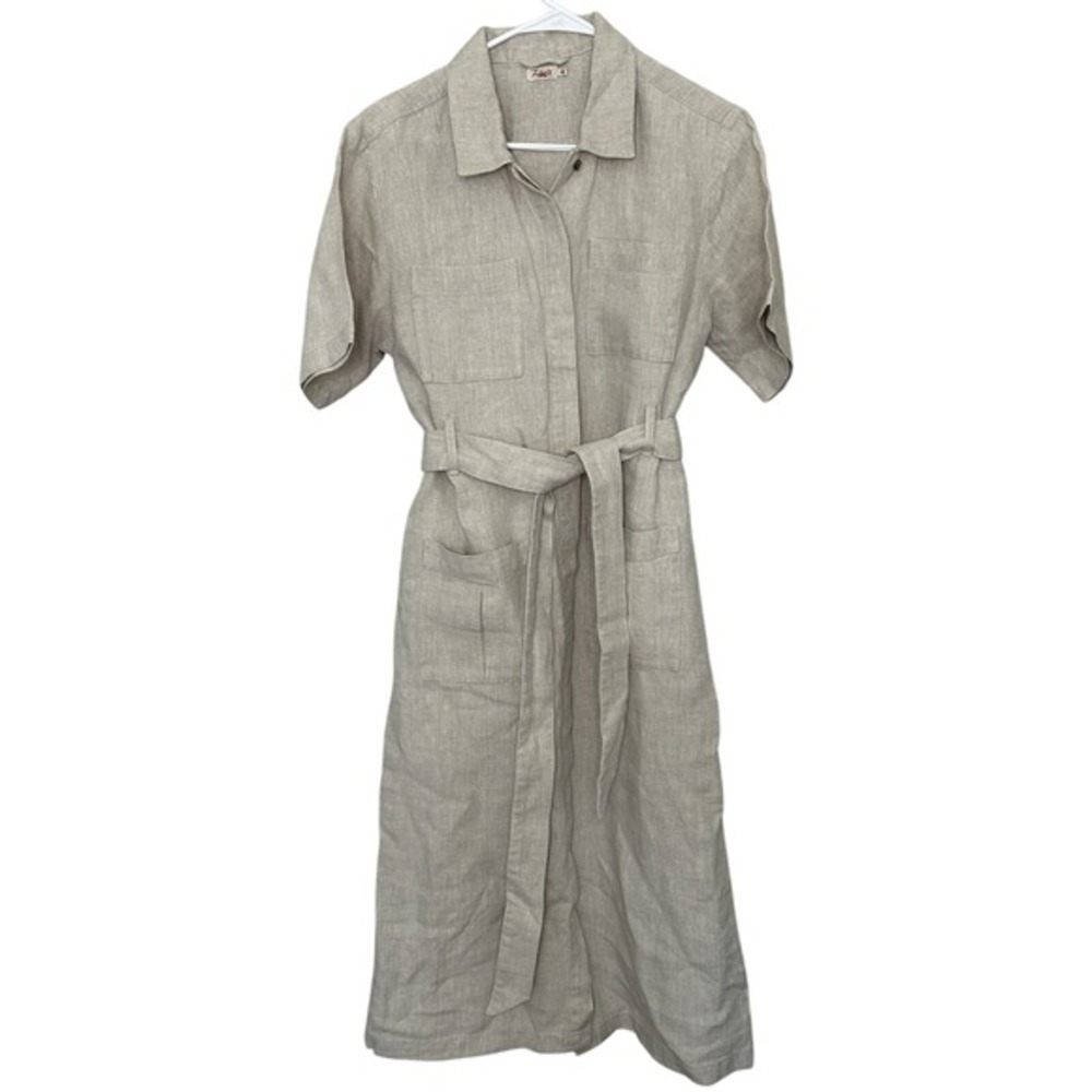 Faherty Linen Shirt Dress M Belted Midi Utility Button Front‎ Pockets neutral - Picture 4 of 12